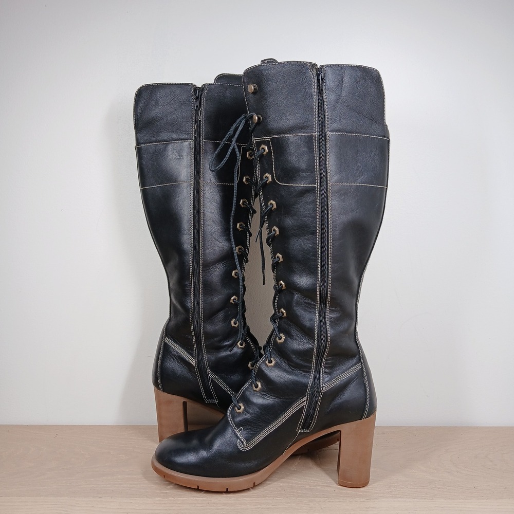Timberland Boots Women 9.5 Black Leather Knee High Lace Up Block Heel - Picture 8 of 12